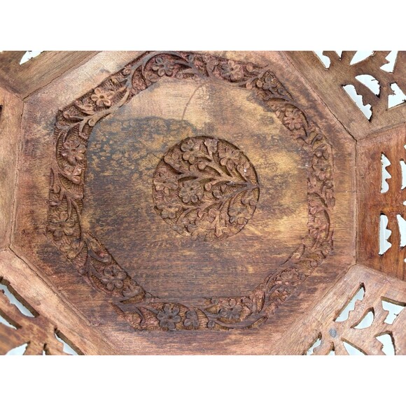 Vintage Octagonal Wood Serving 10.5" Tray Floral Center Hand Carved Artisan Boho - Picture 4 of 5